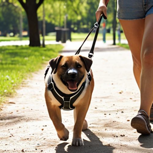 Home 15 **Image Prompt:** A dog wearing a harness and leash, happily walking with its owner in a park. Focus on the safety and comfort provided by the harness and leash. Show a clean environment with responsible waste disposal using a waste bag.