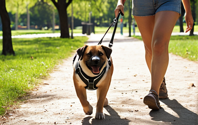 **Image Prompt:** A dog wearing a harness and leash, happily walking with its owner in a park. Focus on the safety and comfort provided by the harness and leash. Show a clean environment with responsible waste disposal using a waste bag.