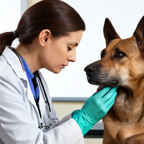 Home 14 **Image Prompt:** A veterinarian examining a dog, gently palpating its abdomen. The dog looks calm but slightly worried. In the background, medical equipment is visible. This image should convey early detection and regular health check-ups.
