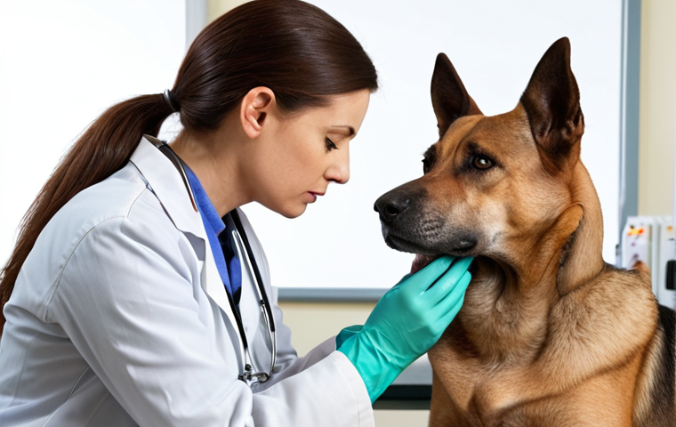 **Image Prompt:** A veterinarian examining a dog, gently palpating its abdomen. The dog looks calm but slightly worried. In the background, medical equipment is visible. This image should convey early detection and regular health check-ups.