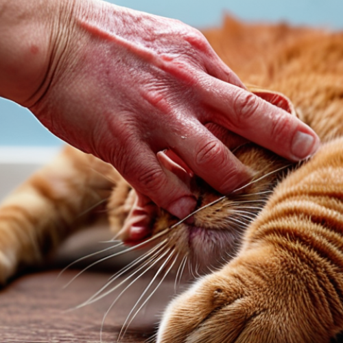 Home 7 **A cat scratching intensely, with red and irritated skin visible. Close-up shot emphasizing the skin condition. Possibly include a concerned owner in the blurred background.**