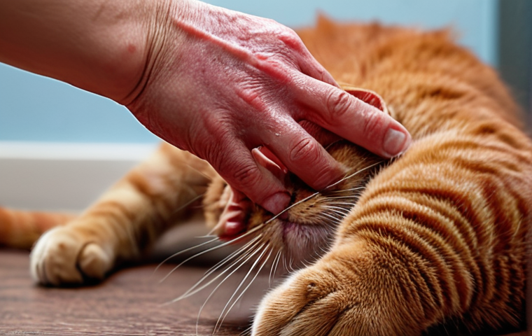 **A cat scratching intensely, with red and irritated skin visible. Close-up shot emphasizing the skin condition. Possibly include a concerned owner in the blurred background.**