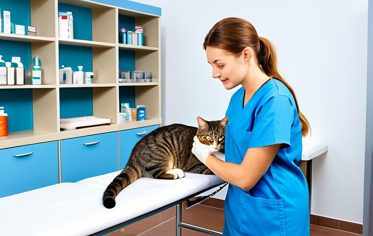**
A professional female veterinarian, fully clothed in modest scrubs, examining a cute tabby cat on an examination table in a bright, clean veterinary clinic. The cat is relaxed and calm. Background includes medical equipment and shelves with pet supplies. Safe for work, appropriate content, perfect anatomy, correct proportions, natural pose, well-formed hands, proper finger count, natural body proportions, professional photography, high quality, family-friendly.
**